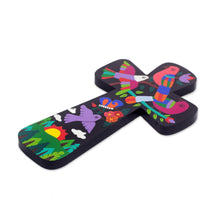 Load image into Gallery viewer, Pinewood Wall Cross with Neon Bird Motifs from El Salvador - Neon Nature | NOVICA