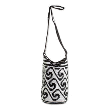 Load image into Gallery viewer, Wave Motif Cotton Bucket Bag in Black and White - Black and White Waves | NOVICA