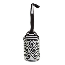 Load image into Gallery viewer, Wave Motif Cotton Bucket Bag in Black and White - Black and White Waves | NOVICA