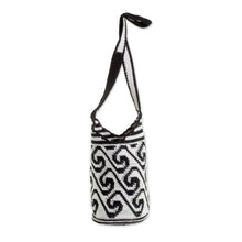 Load image into Gallery viewer, Wave Motif Cotton Bucket Bag in Black and White - Black and White Waves | NOVICA