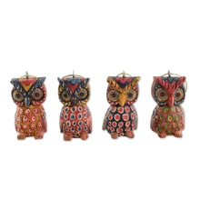 Load image into Gallery viewer, Pinewood Owl Ornaments from Guatemala (Set of 4) - Celebratory Owls | NOVICA