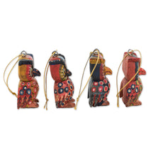 Load image into Gallery viewer, Pinewood Owl Ornaments from Guatemala (Set of 4) - Celebratory Owls | NOVICA