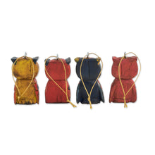 Load image into Gallery viewer, Pinewood Owl Ornaments from Guatemala (Set of 4) - Celebratory Owls | NOVICA