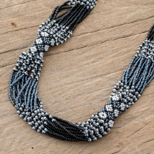 Load image into Gallery viewer, Black and White Glass Beaded Strand Necklace from Guatemala - Harmonious Elegance in Black | NOVICA