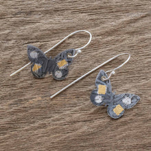Load image into Gallery viewer, 24k Gold Accent Dark Sterling Silver Butterfly Earrings - Midnight Butterfly | NOVICA