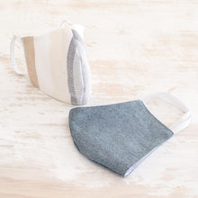 Load image into Gallery viewer, 2 Handwoven 3-Layer Masks in Beige Stripe & Blue Cotton - Maya Hope | NOVICA