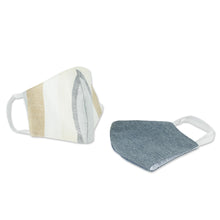 Load image into Gallery viewer, 2 Handwoven 3-Layer Masks in Beige Stripe & Blue Cotton - Maya Hope | NOVICA