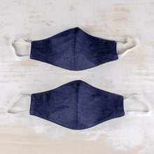 Load image into Gallery viewer, Dark Blue Cotton Denim Three-Layer Face Masks Large (Pair) - Blue Denim Style | NOVICA