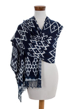 Load image into Gallery viewer, Navy and White Ikat Shawl from Guatemala - Navy Blue Silhouettes | NOVICA