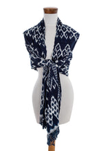 Load image into Gallery viewer, Navy and White Ikat Shawl from Guatemala - Navy Blue Silhouettes | NOVICA