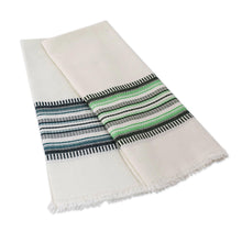 Load image into Gallery viewer, Two Handwoven Guatemalan White and Green Cotton Dish Towels - Forest Colors | NOVICA