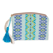Load image into Gallery viewer, Handwoven Blue and Turquoise Cotton Cosmetic Case - Colors of Spring | NOVICA