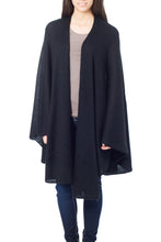 Load image into Gallery viewer, Alpaca Wool Solid Black Wrap Ruana - Bold Black | NOVICA