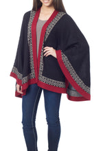 Load image into Gallery viewer, Genuine Alpaca Kimono-style Cape in Black and Red from Peru - Baroque Andes | NOVICA