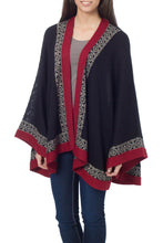 Load image into Gallery viewer, Genuine Alpaca Kimono-style Cape in Black and Red from Peru - Baroque Andes | NOVICA