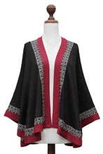 Load image into Gallery viewer, Genuine Alpaca Kimono-style Cape in Black and Red from Peru - Baroque Andes | NOVICA