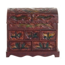 Load image into Gallery viewer, Colonial Hand Tooled Leather 5 Drawer Jewelry Box - Golden Bird | NOVICA