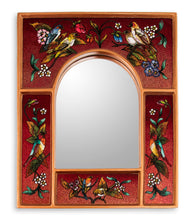 Load image into Gallery viewer, Red Reverse Painted Glass Wall Mirror with Birds - Songbirds on Ruby | NOVICA