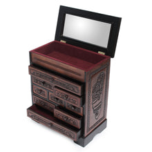 Load image into Gallery viewer, Cedar and Brown Tooled Leather Jewelry Box with Drawers - Memories | NOVICA