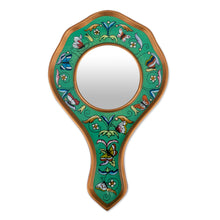 Load image into Gallery viewer, Reverse Painted Glass Aqua Floral Hand Mirror - Aqua Butterflies | NOVICA