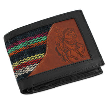 Load image into Gallery viewer, Men's Black Leather Cowboy Theme Wallet with Wool - Blue Night Rider | NOVICA