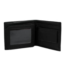 Load image into Gallery viewer, Men's Black Leather Cowboy Theme Wallet with Wool - Blue Night Rider | NOVICA
