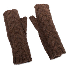 Load image into Gallery viewer, Andean Alpaca Blend Hand Knitted Brown Fingerless Gloves - Chocolate Braid | NOVICA