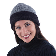 Load image into Gallery viewer, Reversible Grey and Black 100% Alpaca Hat Knitted by Hand - Shadows at Dusk | NOVICA