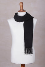 Load image into Gallery viewer, Woven Alpaca Blend Scarf for Men in Solid Black - Ebony Gift of Warmth | NOVICA