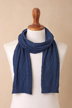Load image into Gallery viewer, Knitted Unisex Scarf in Azure 100% Alpaca from Peru - Antique Cable Knit | NOVICA