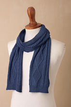Load image into Gallery viewer, Knitted Unisex Scarf in Azure 100% Alpaca from Peru - Antique Cable Knit | NOVICA