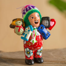 Load image into Gallery viewer, Ceramic Ekeko Sculpture with Wool Cap from Peru - Ekeko of Abundance in Red | NOVICA
