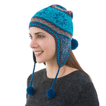 Load image into Gallery viewer, Alpaca Chullo Hat in Azure and Smoke from Peru - Andean Snowfall | NOVICA