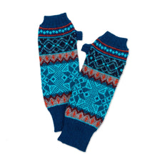 Load image into Gallery viewer, 100% Alpaca Fingerless Gloves in Azure and Smoke from Peru - Andean Snowfall | NOVICA