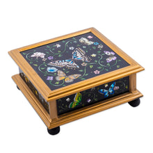 Load image into Gallery viewer, Black Reverse-Painted Glass Decorative Box with Butterflies - Midnight Garden | NOVICA