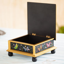 Load image into Gallery viewer, Black Reverse-Painted Glass Decorative Box with Butterflies - Midnight Garden | NOVICA