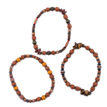 Load image into Gallery viewer, Set of 3 Tiger's Eye and Ceramic Beaded Bracelets from Peru - Andean Temples | NOVICA