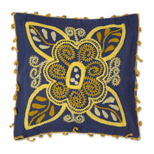 Load image into Gallery viewer, Wool Blend Floral Cushion Cover in Azure and Daffodil - Verdant Mystery | NOVICA