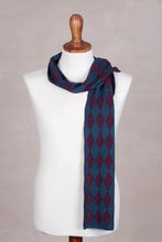Load image into Gallery viewer, Men's Alpaca Blend Scarf in Teal and Cherry from Peru - Diamond Sophistication | NOVICA
