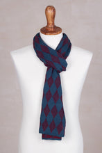 Load image into Gallery viewer, Men's Alpaca Blend Scarf in Teal and Cherry from Peru - Diamond Sophistication | NOVICA