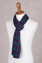 Load image into Gallery viewer, Men's Alpaca Blend Scarf in Teal and Cherry from Peru - Diamond Sophistication | NOVICA