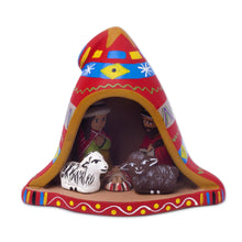 Load image into Gallery viewer, Hand-Painted Andean Ceramic Nativity Figurine from Peru - Nativity Inside a Chullo Hat | NOVICA