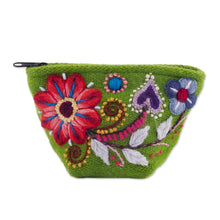 Load image into Gallery viewer, Green Floral Embroidered Alpaca Blend Coin Purse from Peru - Spring Green Shopper | NOVICA