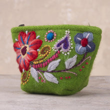 Load image into Gallery viewer, Green Floral Embroidered Alpaca Blend Coin Purse from Peru - Spring Green Shopper | NOVICA