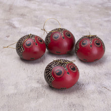 Load image into Gallery viewer, Red Dried Mate Gourd Owl Ornaments from Peru (set of 4) - Owl Sentries | NOVICA