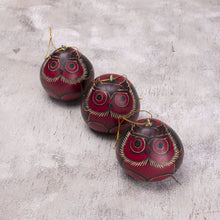 Load image into Gallery viewer, Artisan Crafted Dried Gourd Red Owl Ornaments (set of 3) - Night Watchmen | NOVICA