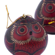 Load image into Gallery viewer, Artisan Crafted Dried Gourd Red Owl Ornaments (set of 3) - Night Watchmen | NOVICA