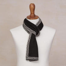 Load image into Gallery viewer, Reversible Ivory and Black Alpaca Blend Knit Scarf from Peru - Incan Inspiration | NOVICA