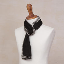 Load image into Gallery viewer, Reversible Ivory and Black Alpaca Blend Knit Scarf from Peru - Incan Inspiration | NOVICA