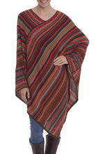 Load image into Gallery viewer, Red and Multi-Color Striped Acrylic Knit Poncho - Rivers of Red | NOVICA